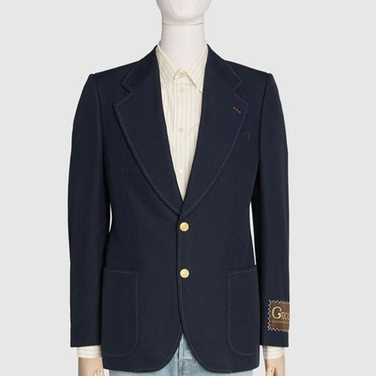 Gucci Label Decorated Wool Jacket For Men Navy 625827-ZAEA2-4240