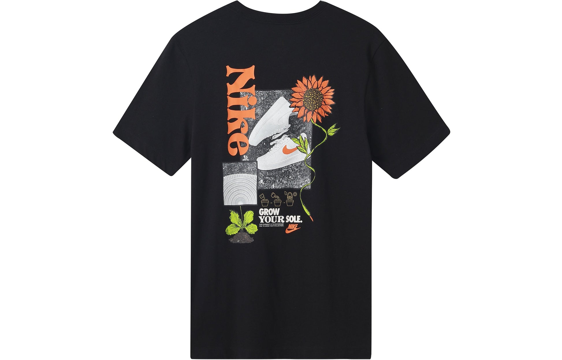 Men's Nike Logo Plant Pattern Printing Round Neck Casual Short Sleeve Black T-Shirt DQ1034-010