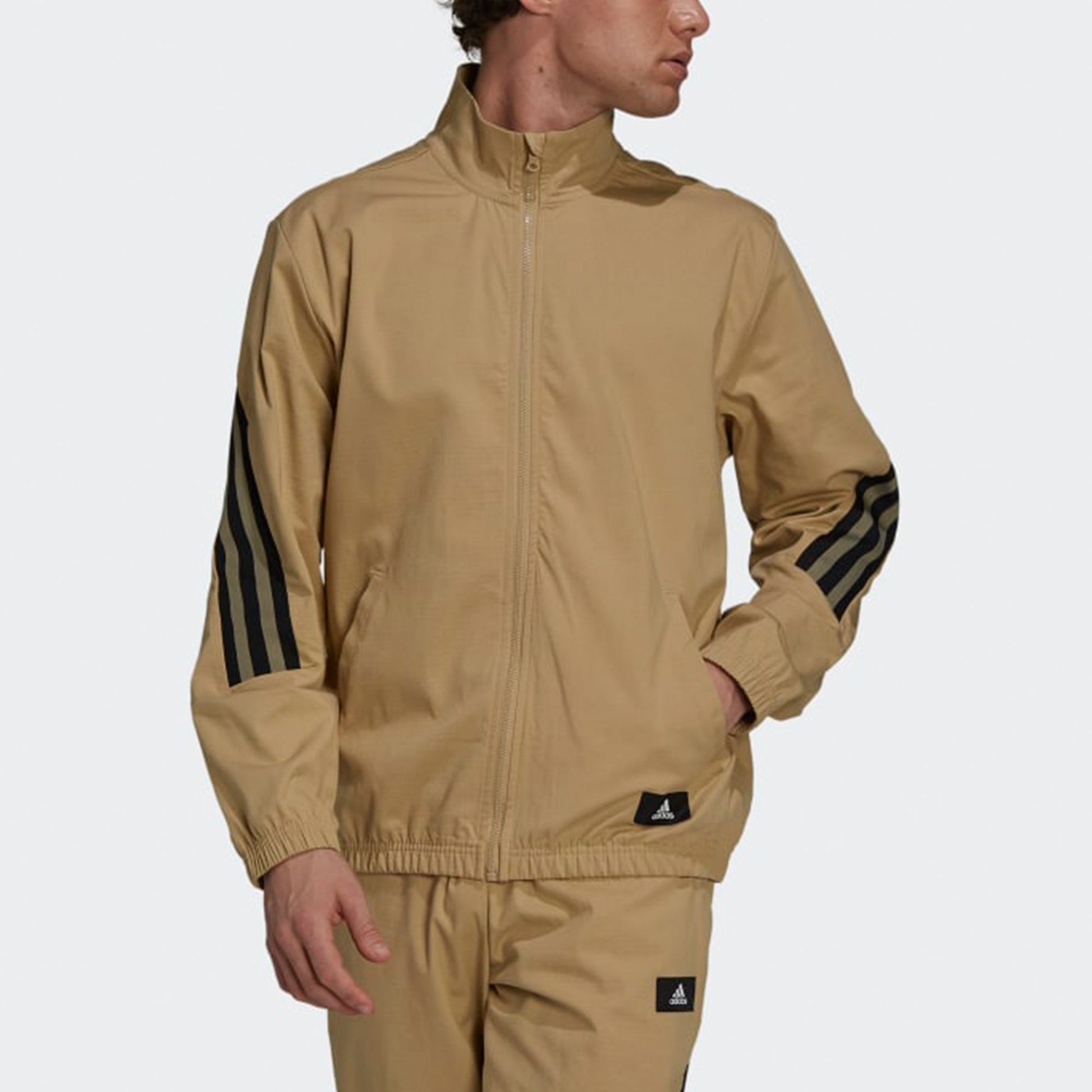 adidas M Future Icon Contrasting Colors Stripe Splicing Woven Stand Collar Sports Logo Jacket Khaki GT0118