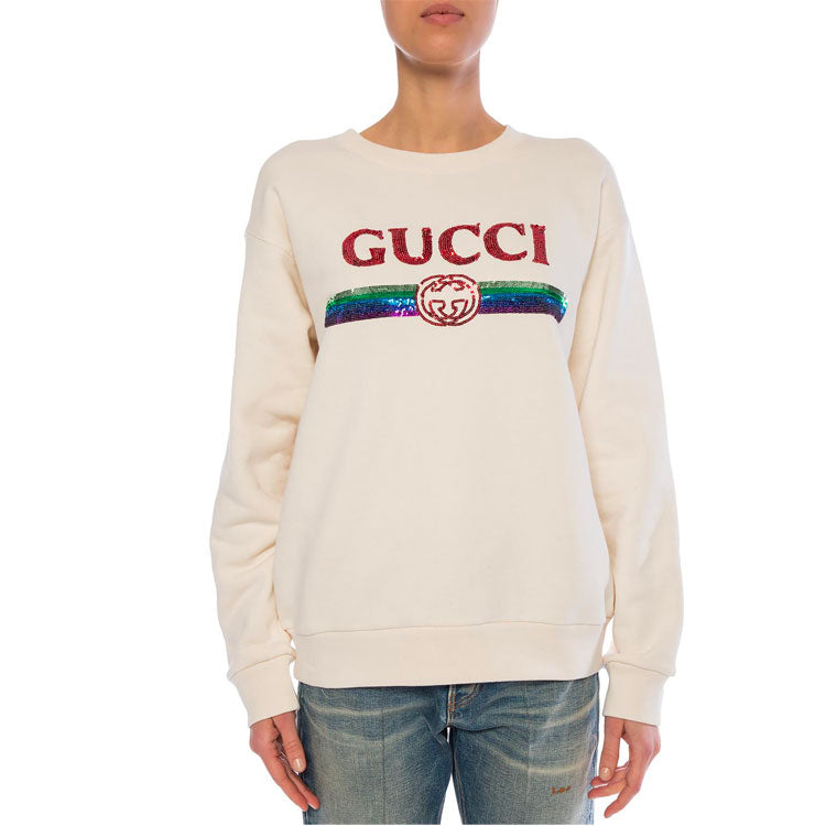 (WMNS) Gucci Logo Bright Pattern Casual Round Neck Pullover White Hoodie 469250-XJASD-9392