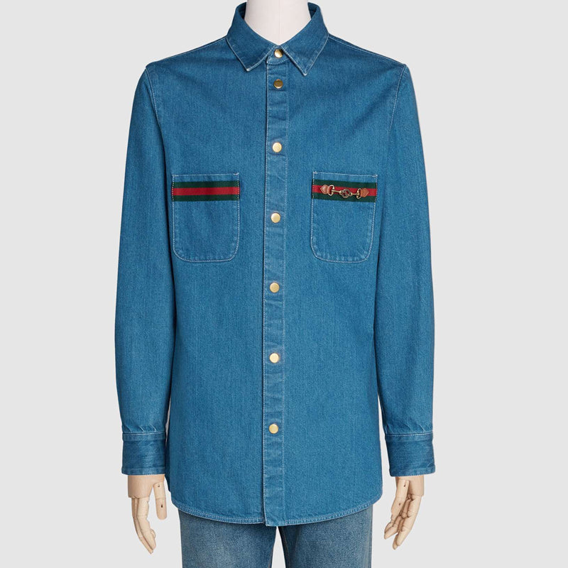 Gucci Ribbon Stone Mill Washed Denim Shirt For Men Blue 626480-XDBCG-4447