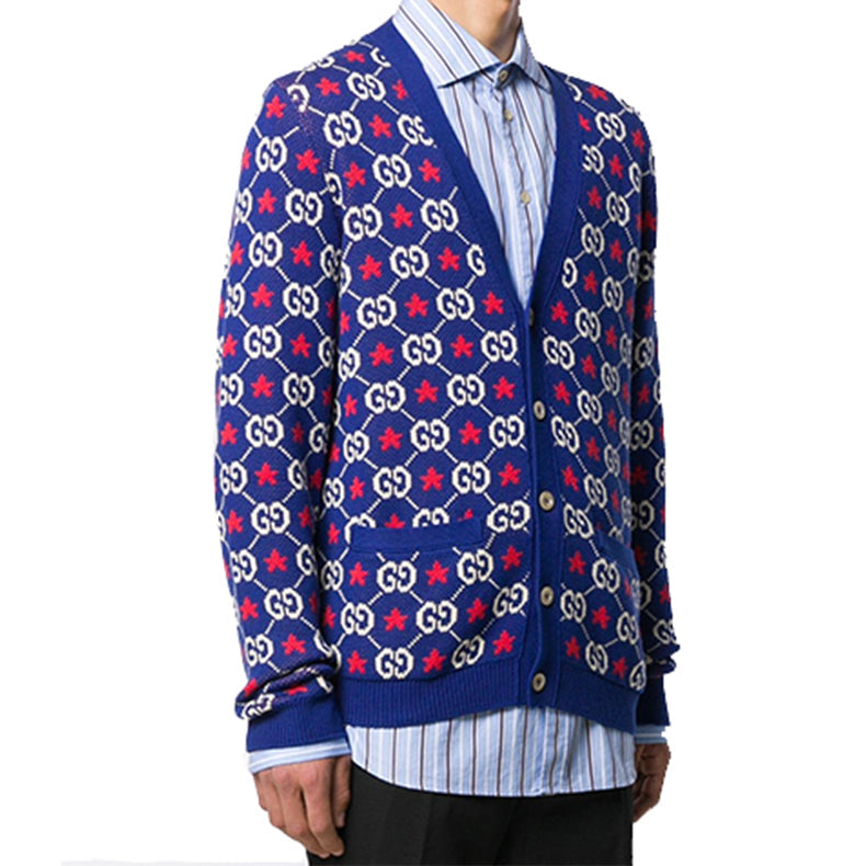 Gucci GG Star Long Sleeve Knitted Cardigan For Men Blue 576793-XKAUI-4915