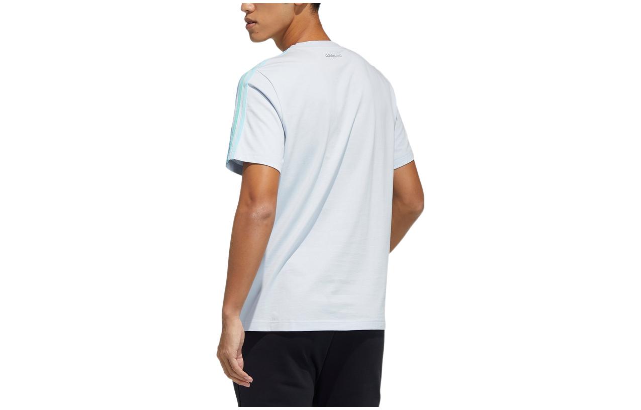 Men's adidas neo Solid Color Stripe Alphabet Round Neck Casual Short Sleeve Light Blue T-Shirt GP5664