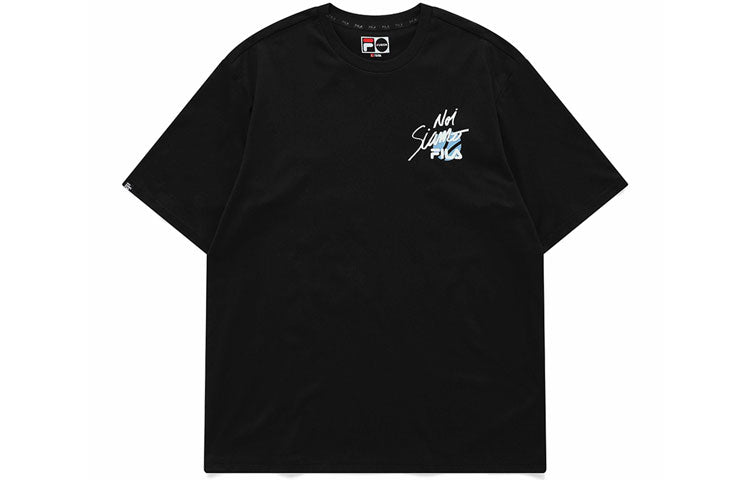 Men's FILA FUSION Alphabet Printing Loose Round Neck Knit Short Sleeve Black T11M121107F-BK