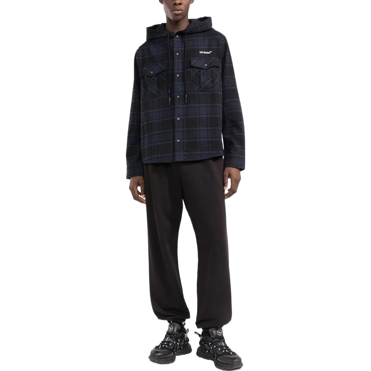 Men's Off-White Plaid Full Print Hooded Long Sleeves Blue Jacket OMGA225S22FAB00145014501