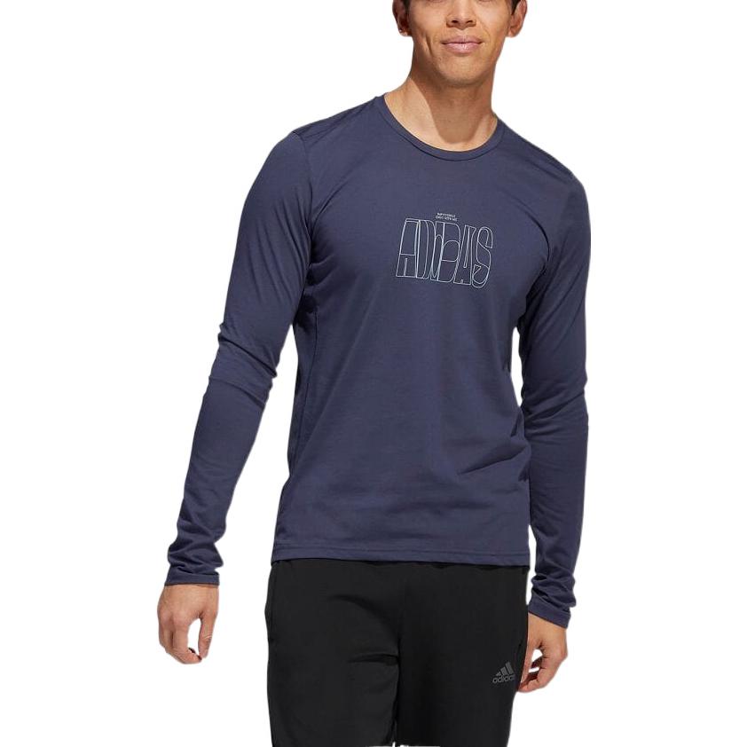 Men's adidas Alphabet Logo Printing Round Neck Pullover Long Sleeves Japanese Version Blue T-Shirt HE0131