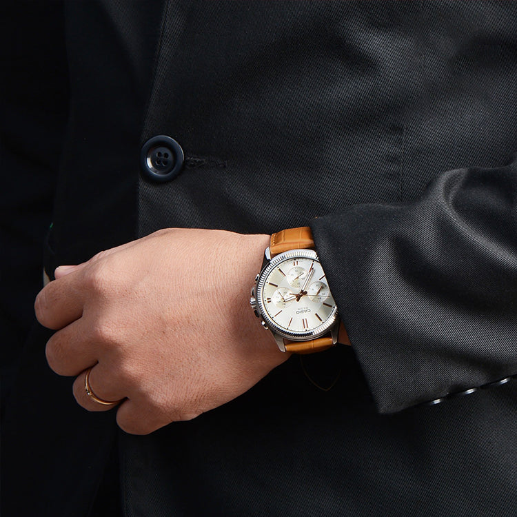 CASIO Business Style Leather Band Quartz Silver/Gold Waterproof Mens Brown Analog MTP-1375L-9A