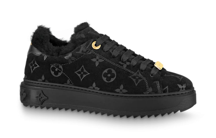 (WMNS) LOUIS VUITTON Time Out Shearling Sneakers 'Black Monogram with Gold' 1A95KN
