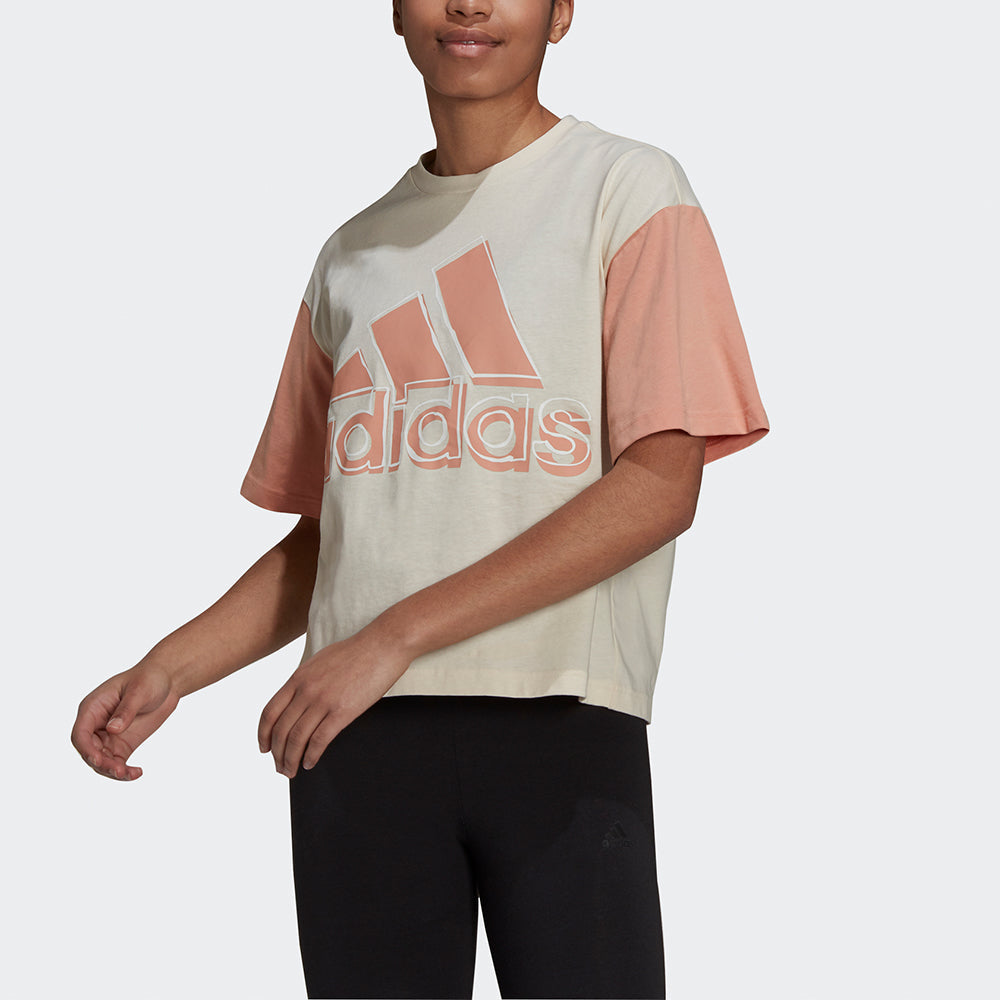 (WMNS) adidas Big Logo T Ss Logo Printing Loose Sports Short Sleeve Creamy White HB5103