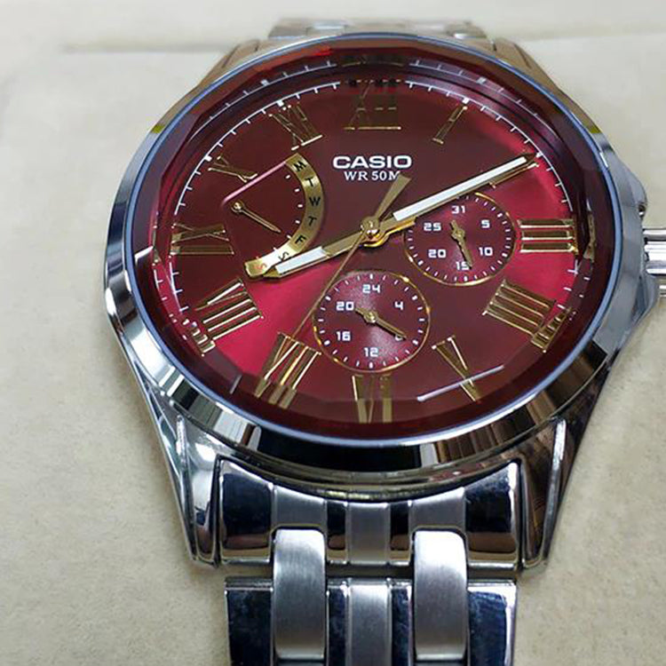 Men's CASIO Waterproof Date Display Quartz Red Dial 41mm Stainless Steel Strap Watch Analog Mens MTP-E311DY-4AVDF