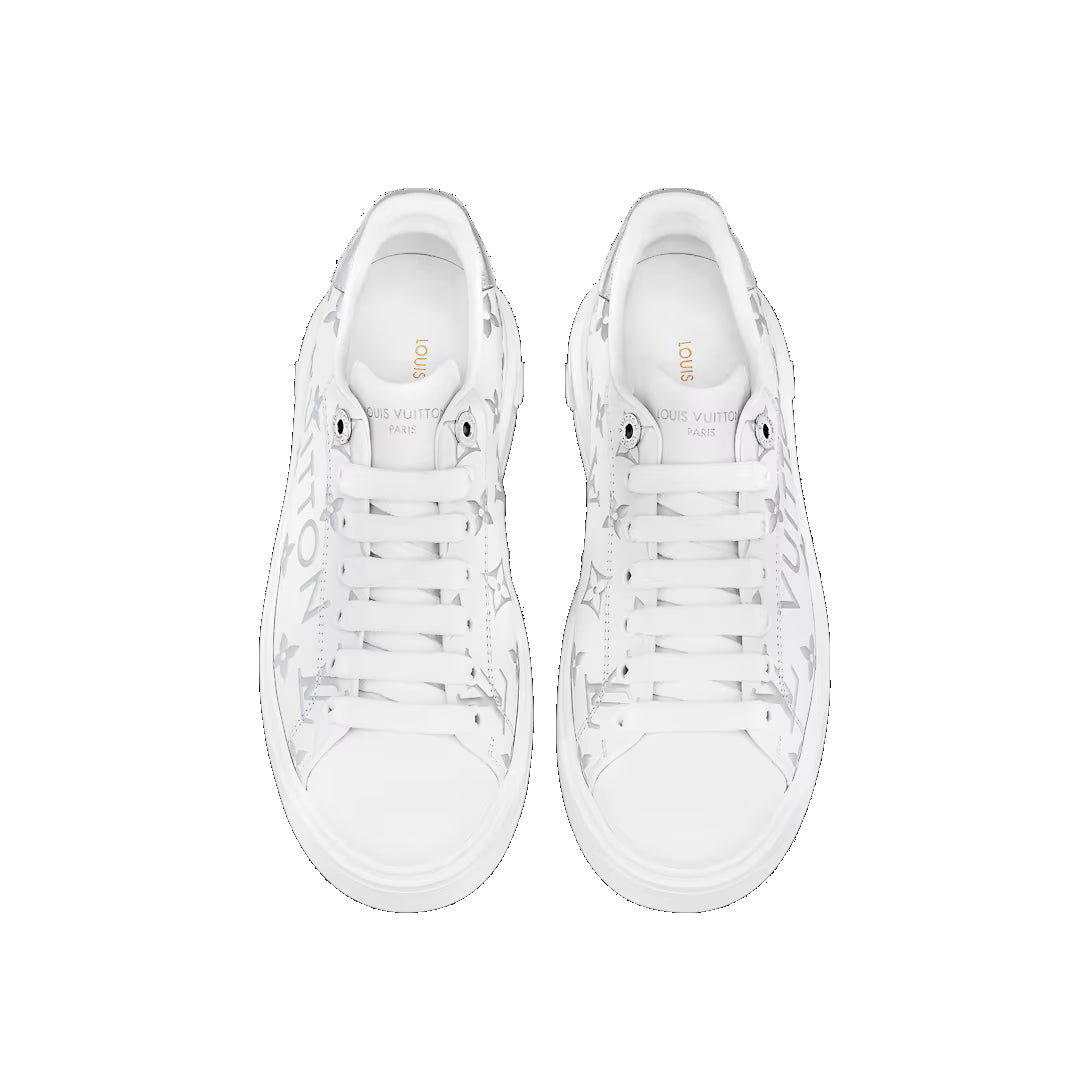 (WMNS) LOUIS VUITTON Time Out Sneakers 'White with Silver Monogram and Logo' 1AAVVA