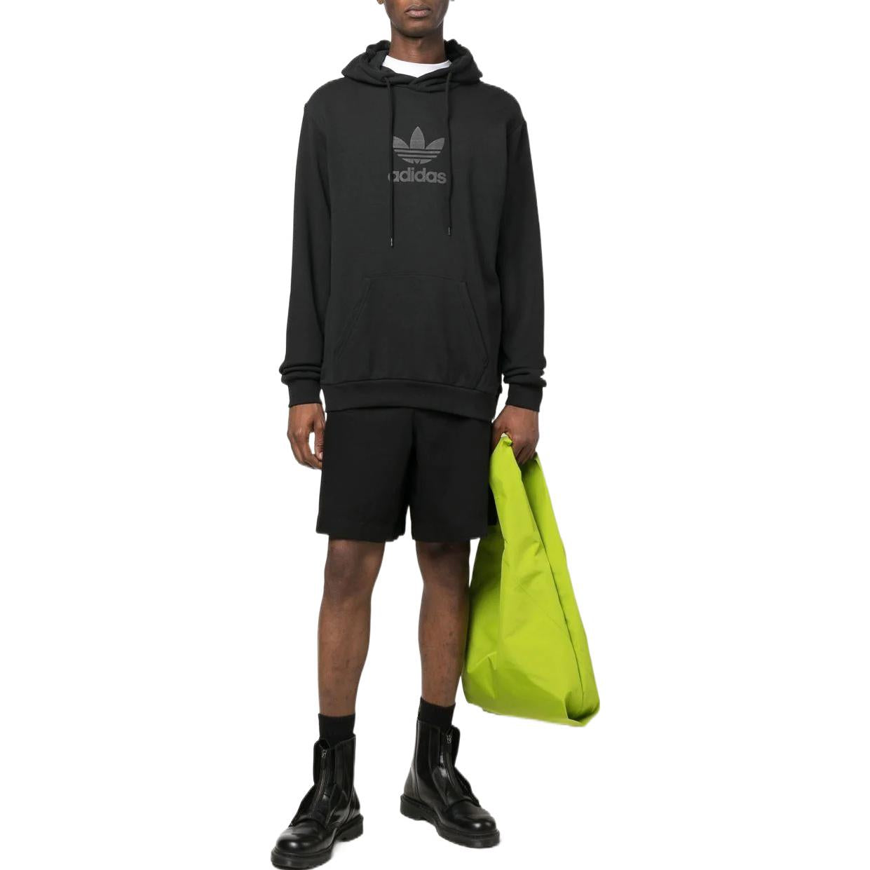 Men's adidas originals Logo Pattern Embroidered Drawstring Hooded Long Sleeves Black HS8895