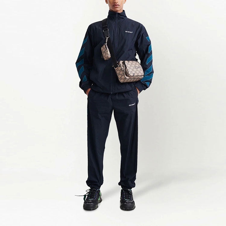 Men's Off-White SS22 Logo Stripe Printing Casual Sports Pants/Trousers/Joggers Navy Blue OMCJ015S22FAB0014648