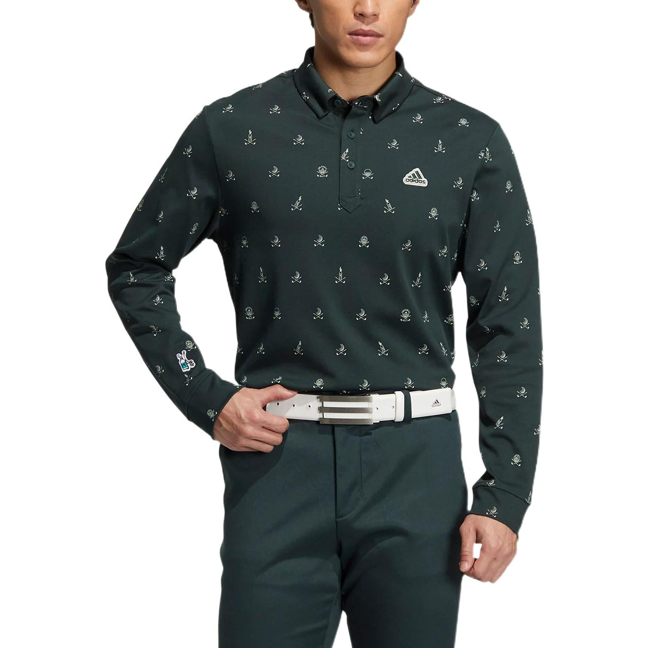 Men's adidas Full Print Pattern Lapel Long Sleeves Green Polo Shirt HG5788