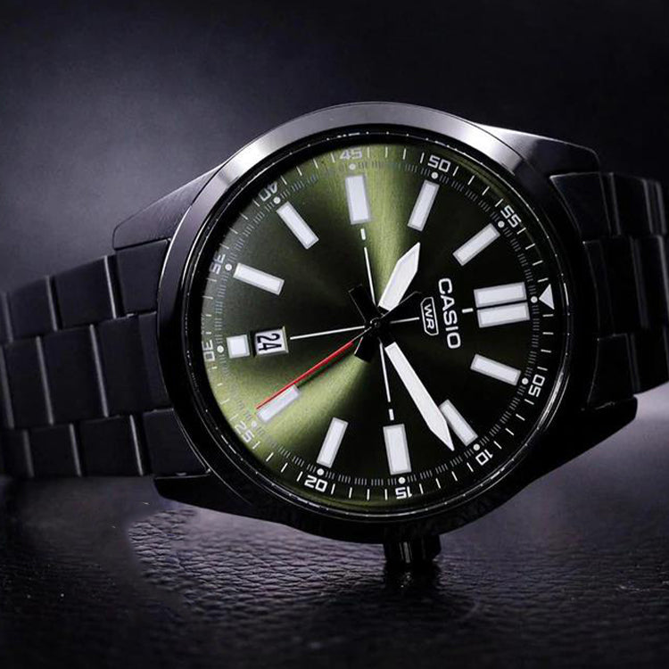 Casio Dress Pointer Display Analog Watch 'Metallic Black Green' MTP-VD02B-3E