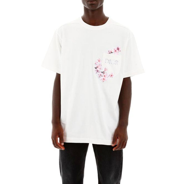 Men's DIOR x Sorayabai Crossover Sakura Logo Printing Pocket Short Sleeve White 933J611A0554-080