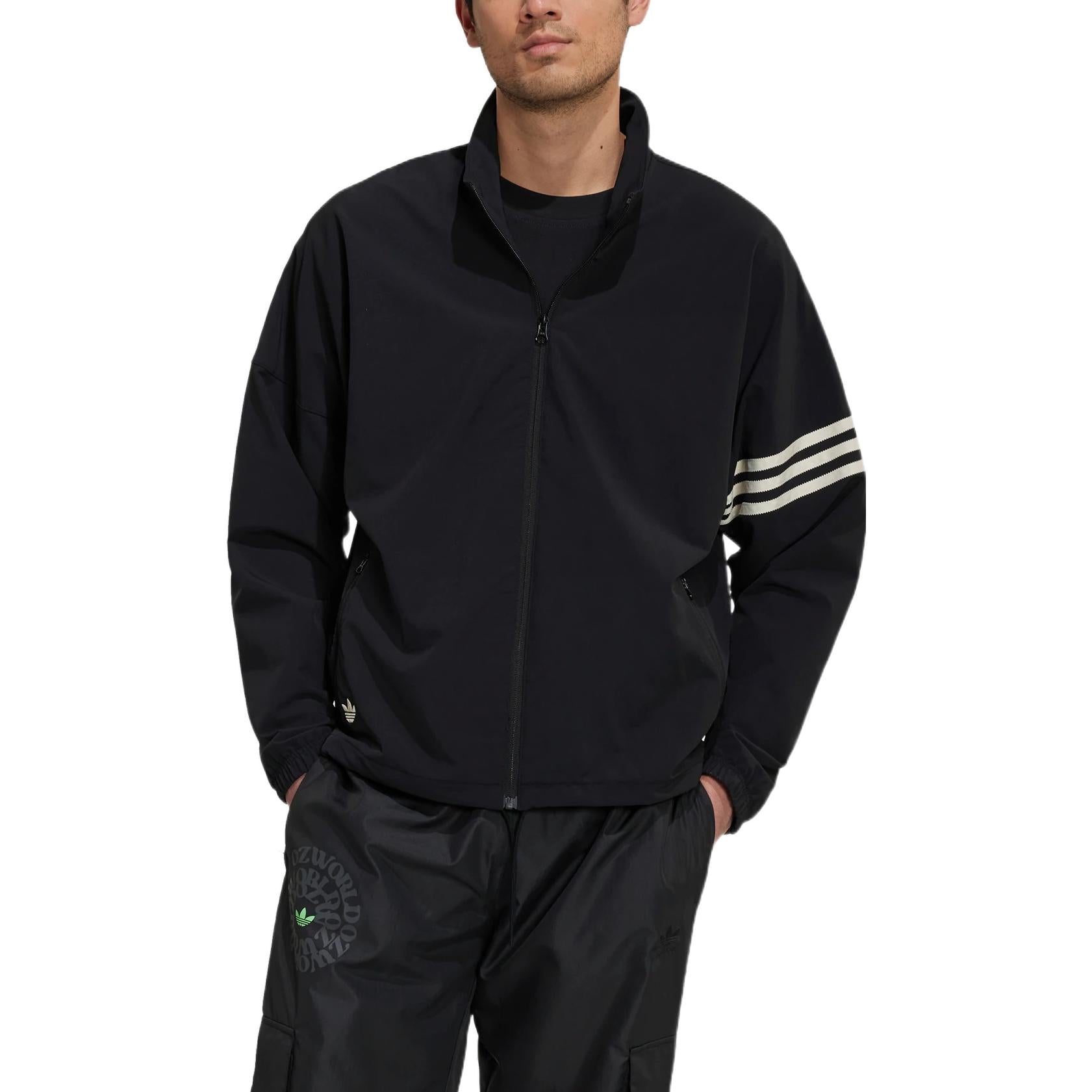 adidas Logo Printing Pattern Stripe Stand Jacket Asia Sizing 'Black' HM1868
