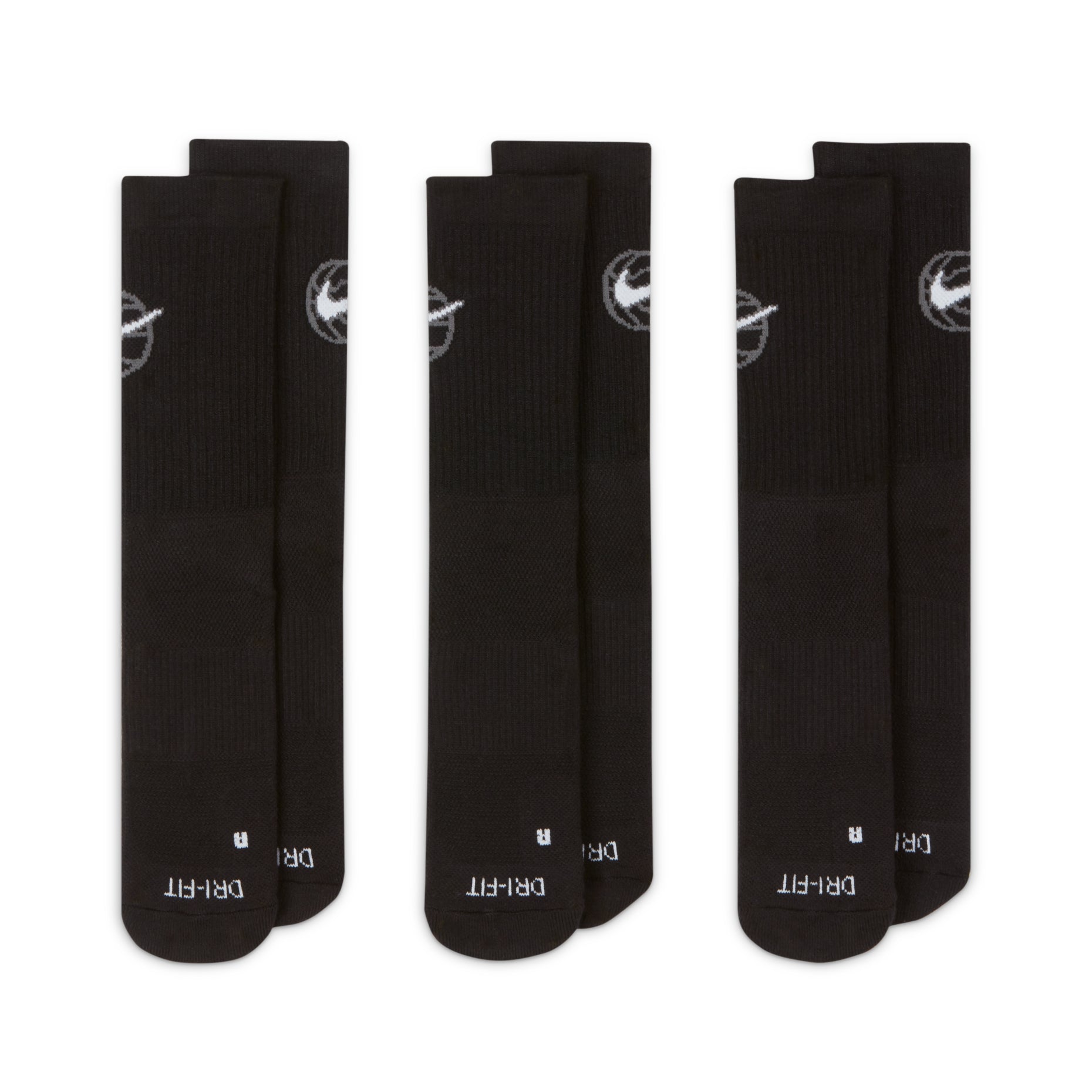 Nike Everyday Crew Basketball Sports 3-pack Quick-drying Mid-calf Length Sock Black DA2123-010