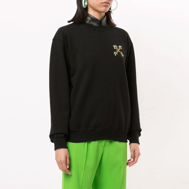 (WMNS) Off-White Flower Arrow Embroidered Casual Round Neck Black Hoodie OWBA046E20JER0021055