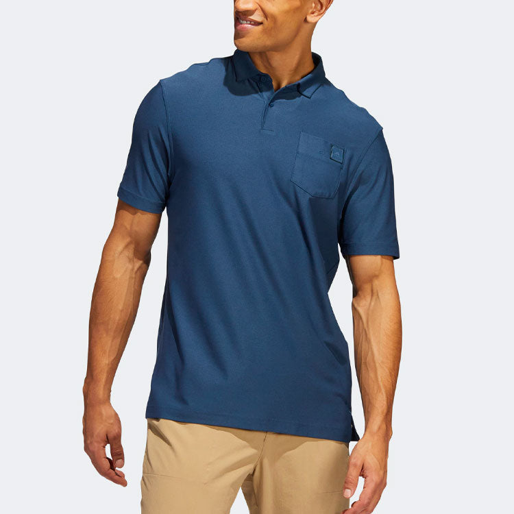 Men's adidas Solid Color Pocket Logo Golf Sports Short Sleeve Polo Shirt Navy Blue HA6156