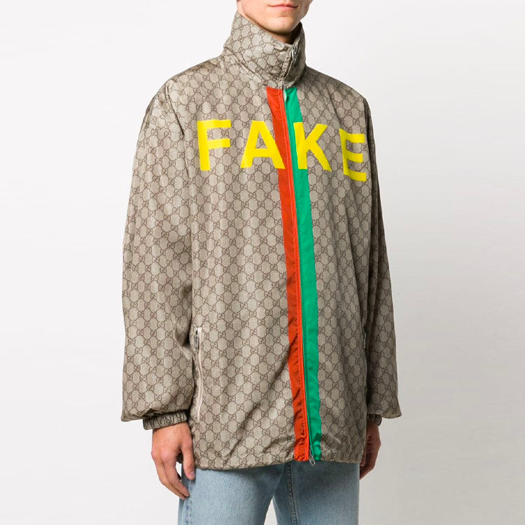 Gucci GG Pattern Not Fake Slogan Printing Jacket Male Brown 636390-ZAFKX-7294