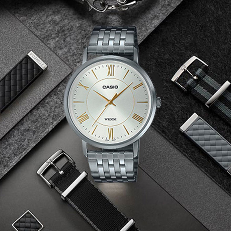 Men's CASIO Dress Series Waterproof Quartz White Dial 40mm Stainless Steel Strap Watch Mens Silver Analog MTP-B110D-7AV