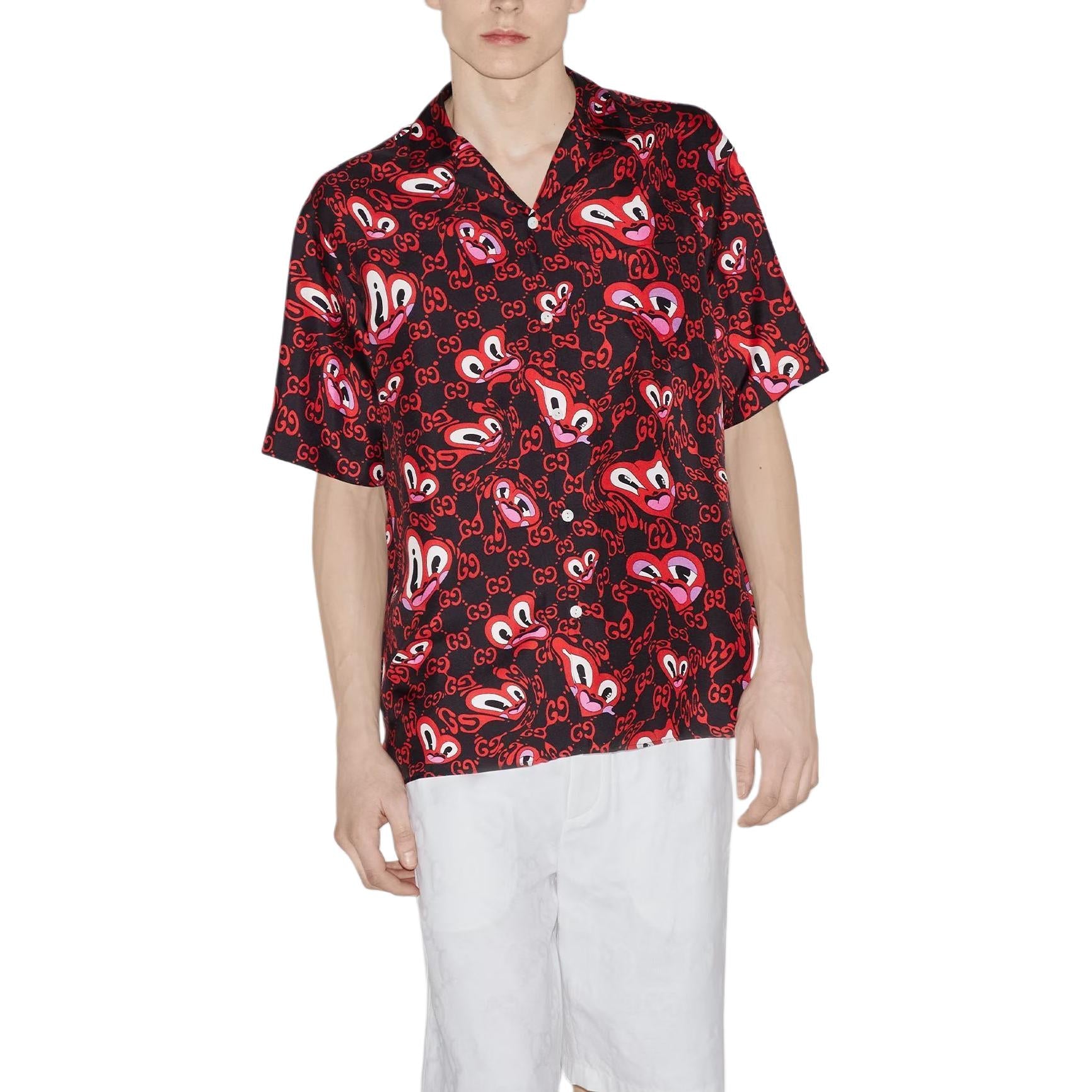 Gucci GG Hearts Silk Bowling Shirt 'Black Red' 782500-ZAQEB-1072