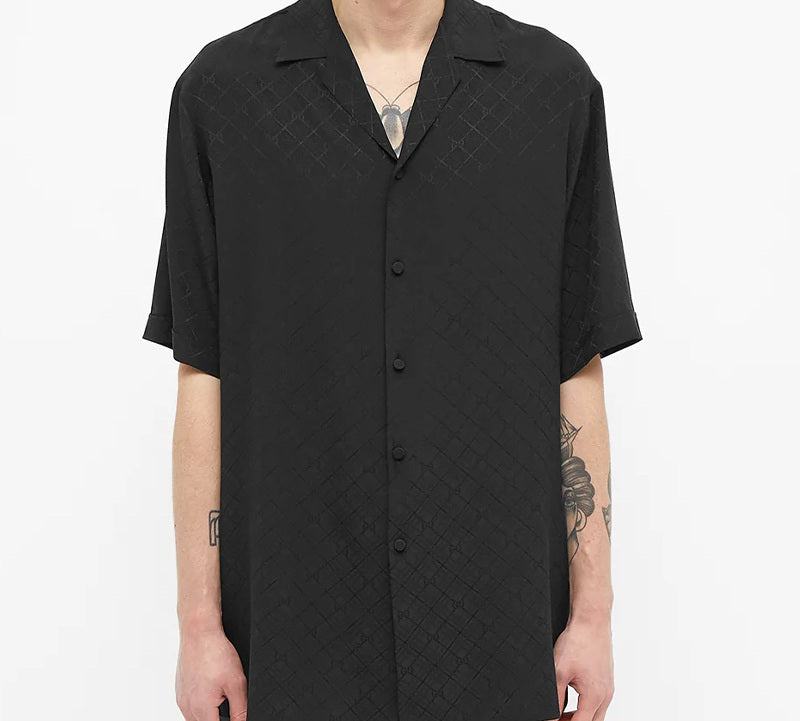 Gucci Tonal Vacation Checked Printed Silk Short Sleeve Shirt For Men Black 623156-ZADWP-1000