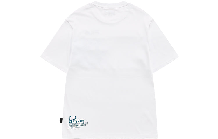 Men's FILA FUSION Pocket Splicing Cartoon Printing Loose Sports Round Neck Short Sleeve White T11M133107F-WT