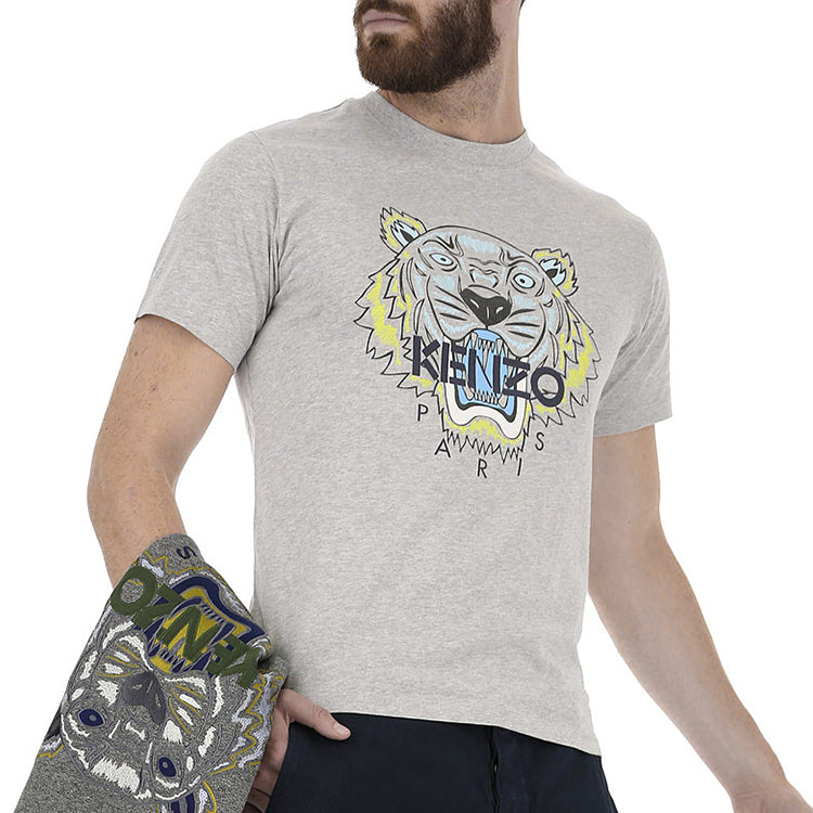 Men's KENZO Multi-Color Printing Tiger Head Pattern Short Sleeve Gray 5TS050-4YA-94