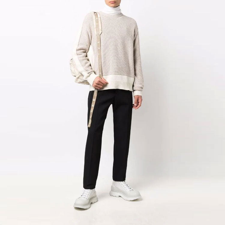Men's Off-White FW21 Colorblock Round Neck Pullover Wool Sweater Loose Fit Beige OMHE094F21KNI0016105