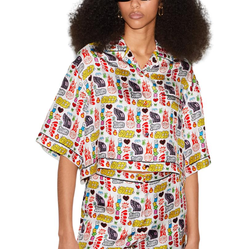 (WMNS) Gucci Graphics Print Silk Shirt 'White Multi-Color' 781763-ZAQCM-9692