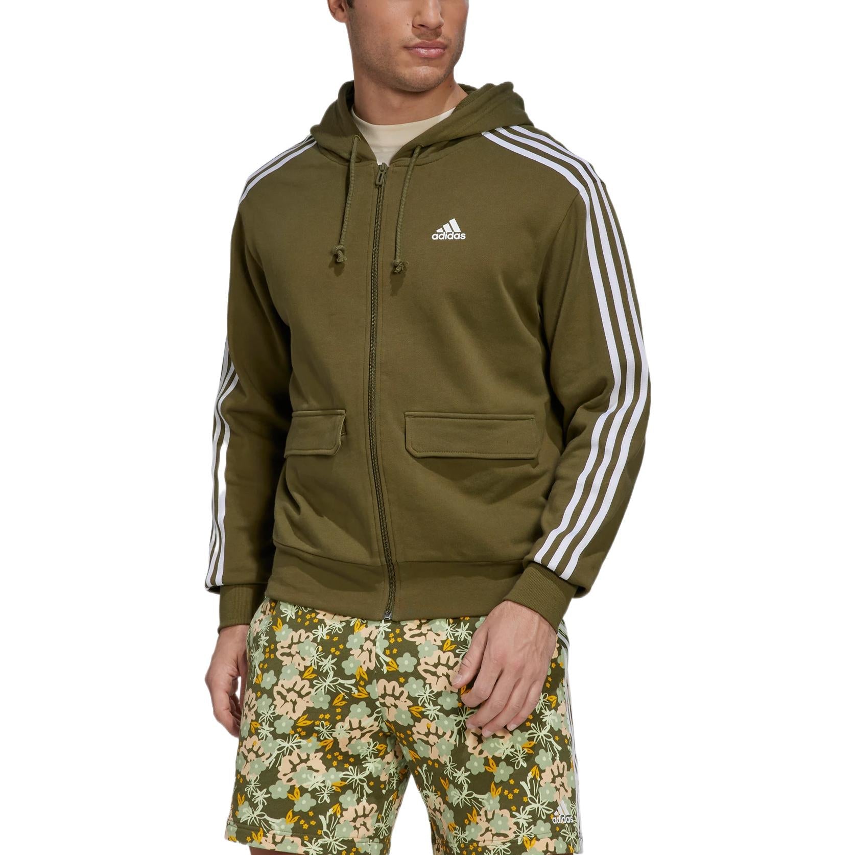 Men's adidas Alphabet Florets Funny Printing Sports Zipper Hooded Jacket Green HS3507