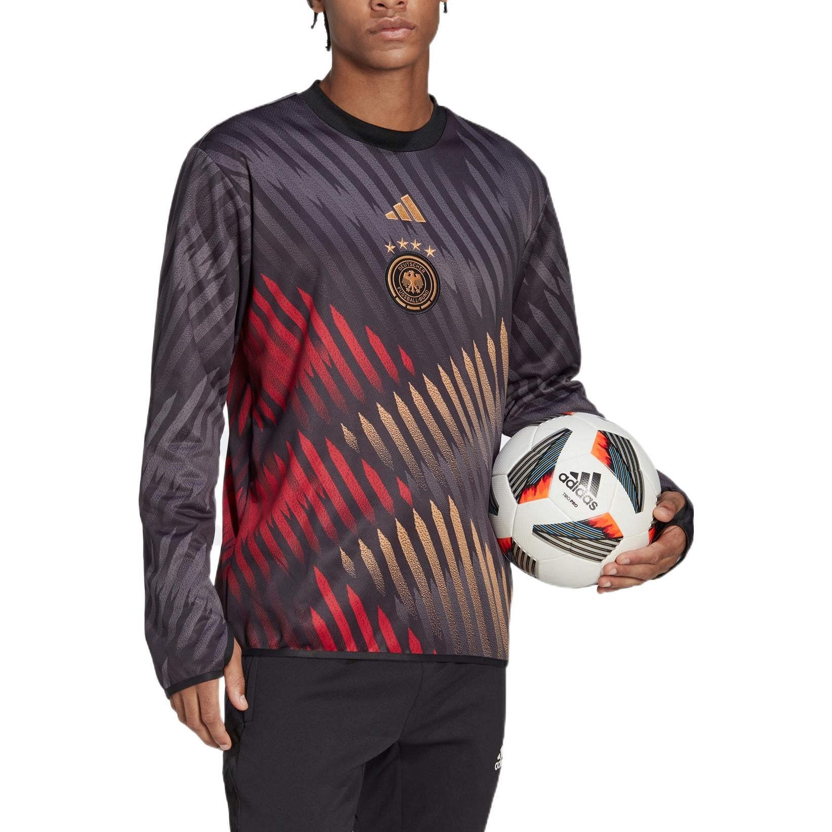 Men's adidas Dfb Pre Wrmtop Round Neck Stripe Detail Logo Printing Pullover Long Sleeves Black HC1285
