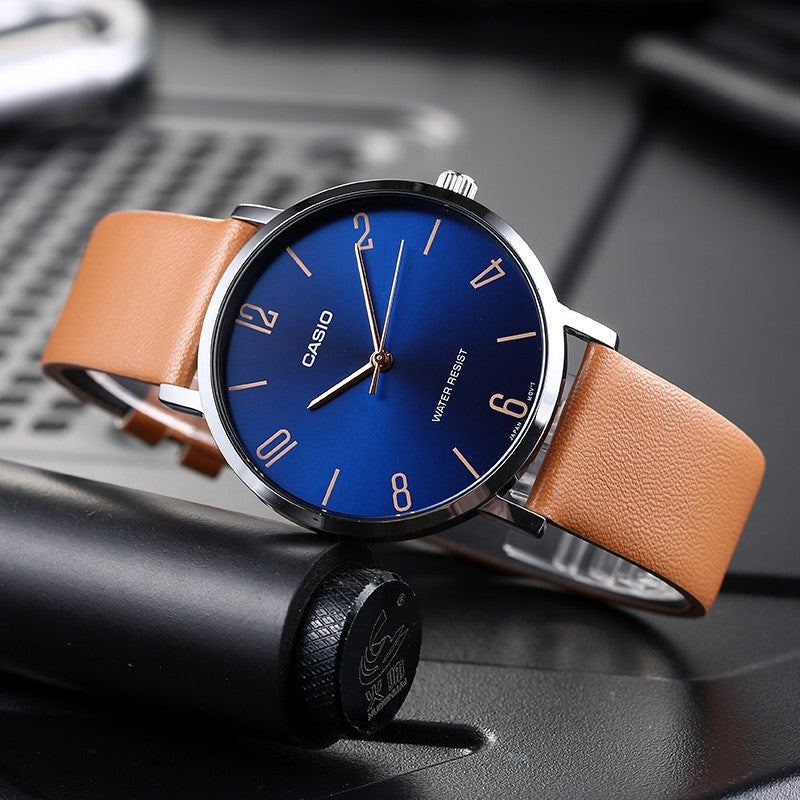 Casio Influencer Analog Leather Strap Watch 'Brown Royal Blue' MTP-VT01L-2B2