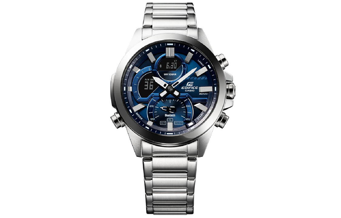 Men's CASIO edifice Series 2022 Luminous Stainless Steel Silver Strap Dial 100m Waterproof Watch Mens Blue Analog ECB-30D-2A