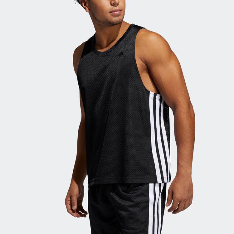 Men's adidas Solid Color Logo Stripe Round Neck Sports Black Vest GK8410