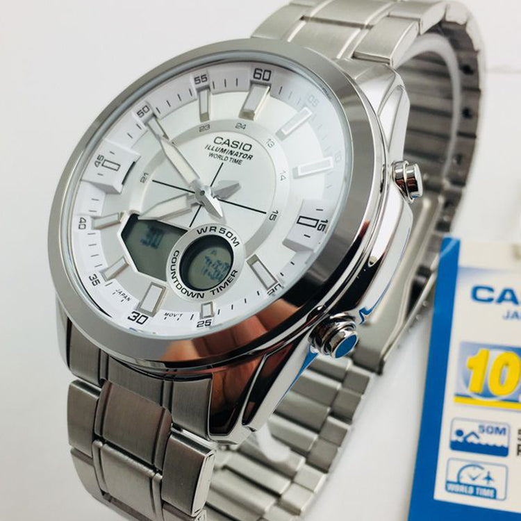 CASIO Waterproof Stainless Steel Strap Mens Silver Analog/Digital Combo AMW-810D-7A