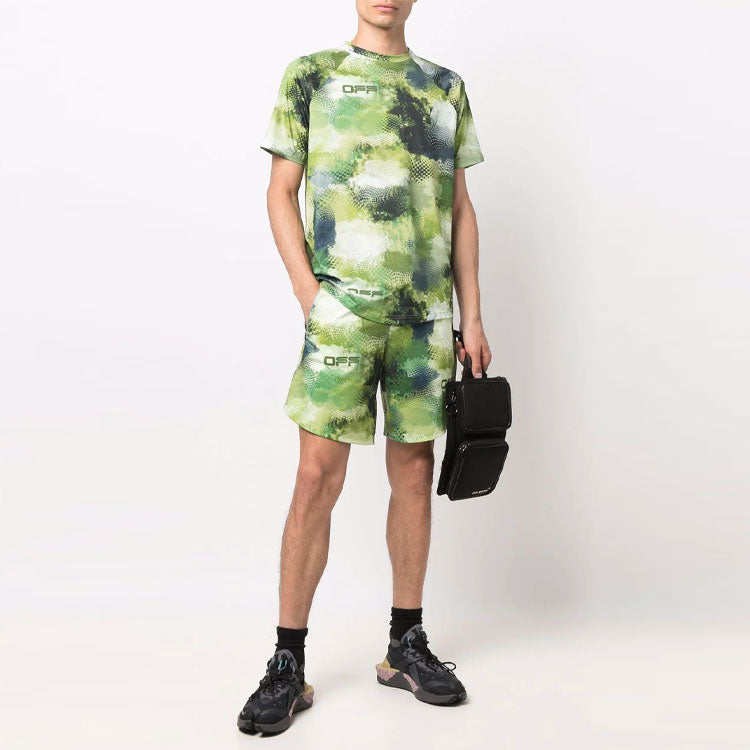 Men's Off-White Logo Sports Knit Shorts Loose Fit Green OMVH013I21FAB0028400