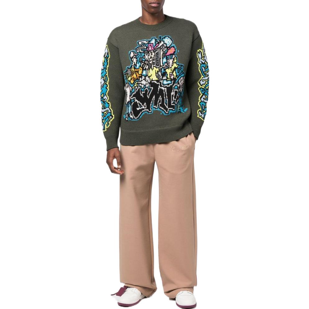 Men's Off-White FW22 Intarsia Knit Long Sleeves Wool Sweater Green OMHE136F22KNI00156845684