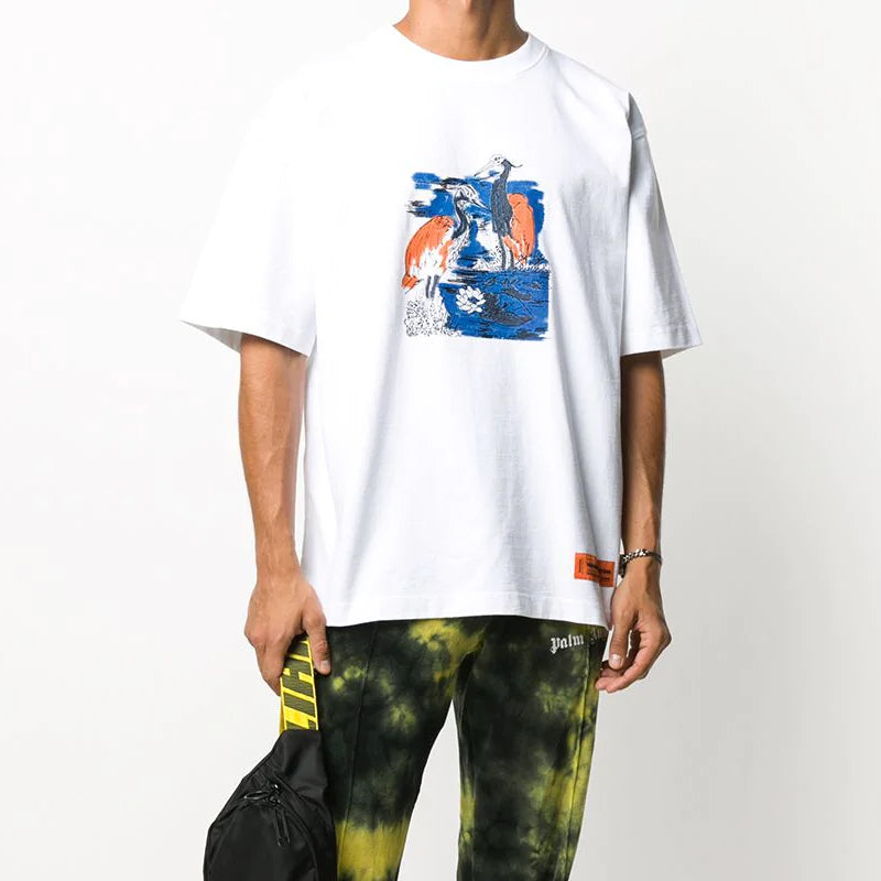 Men's HERON PRESTON Heron Embroidered Printing Short Sleeve White HMAA019F20JER0080149