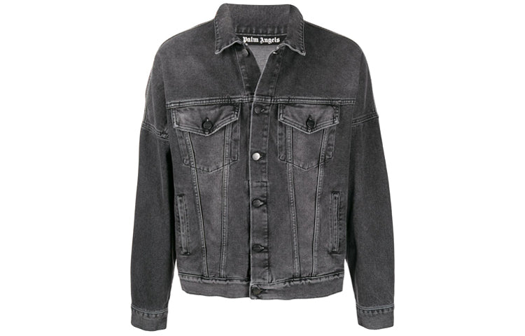 Men's PALM ANGELS Printed Logo Denim Jacket Back Alphabet logo Washed Black PMYE006R203440037601