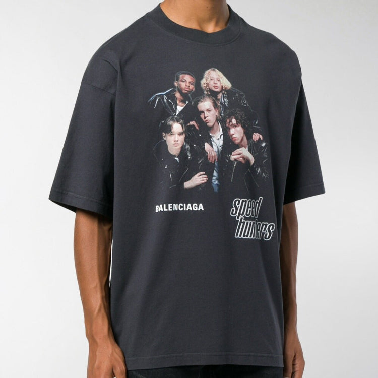Men's Balenciaga Speed Hunter Series Printing Logo Retro Loose Short Sleeve Black 541877TCV381055