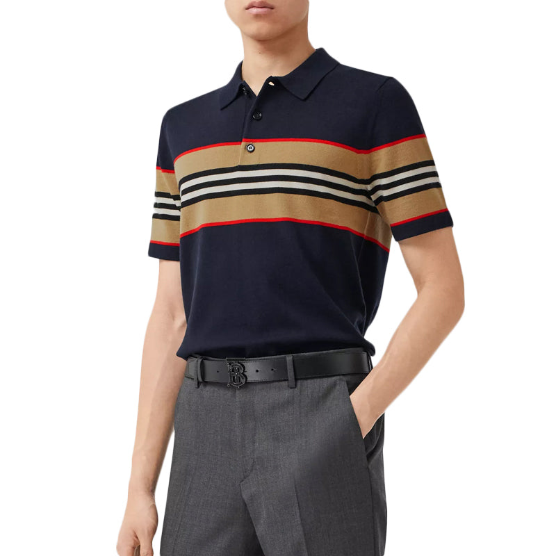 Men's Burberry Stripe Printing Short Sleeve Polo Shirt Navy Blue 80259631