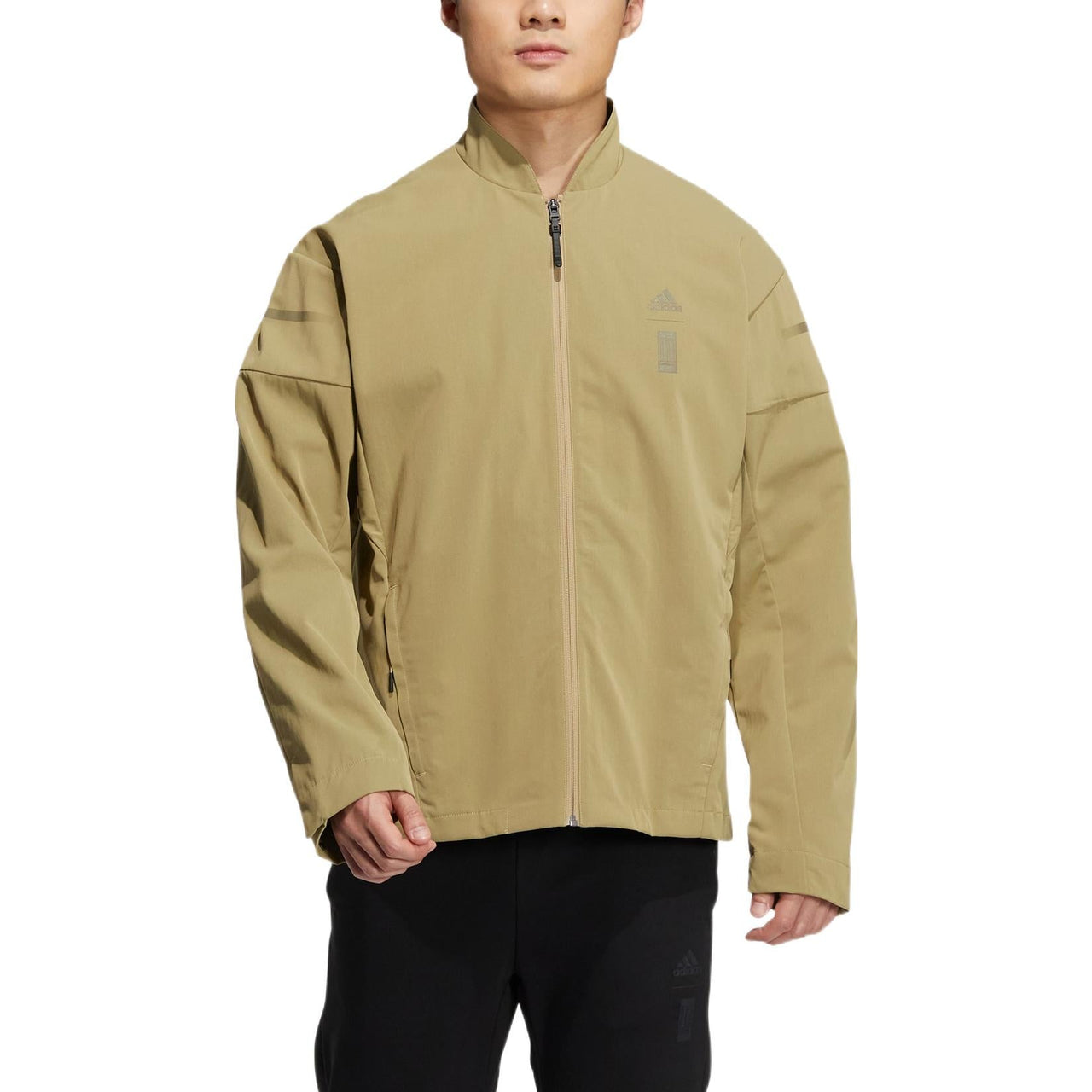 Men's adidas Chest Logo Stand Collar Zipper Long Sleeves Jacket Brown HM5171