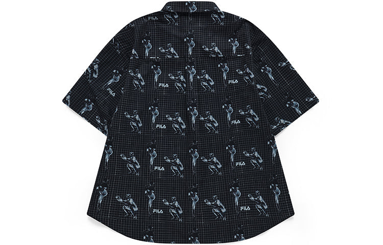 Men's FILA FUSION Pattern Full Print Loose Sports Short Sleeve Vitality Sports Black Shirt T11M132401A-BK