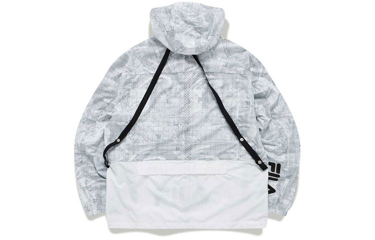 Men's FILA FUSION Logo Printing Plaid Contrasting Colors Woven hooded Jacket White T11M133701F-WT