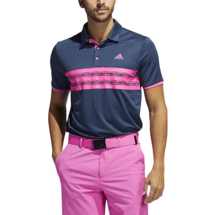 Men's adidas Stripe Printing Golf Sports Short Sleeve Navy Blue Polo Shirt GL0101