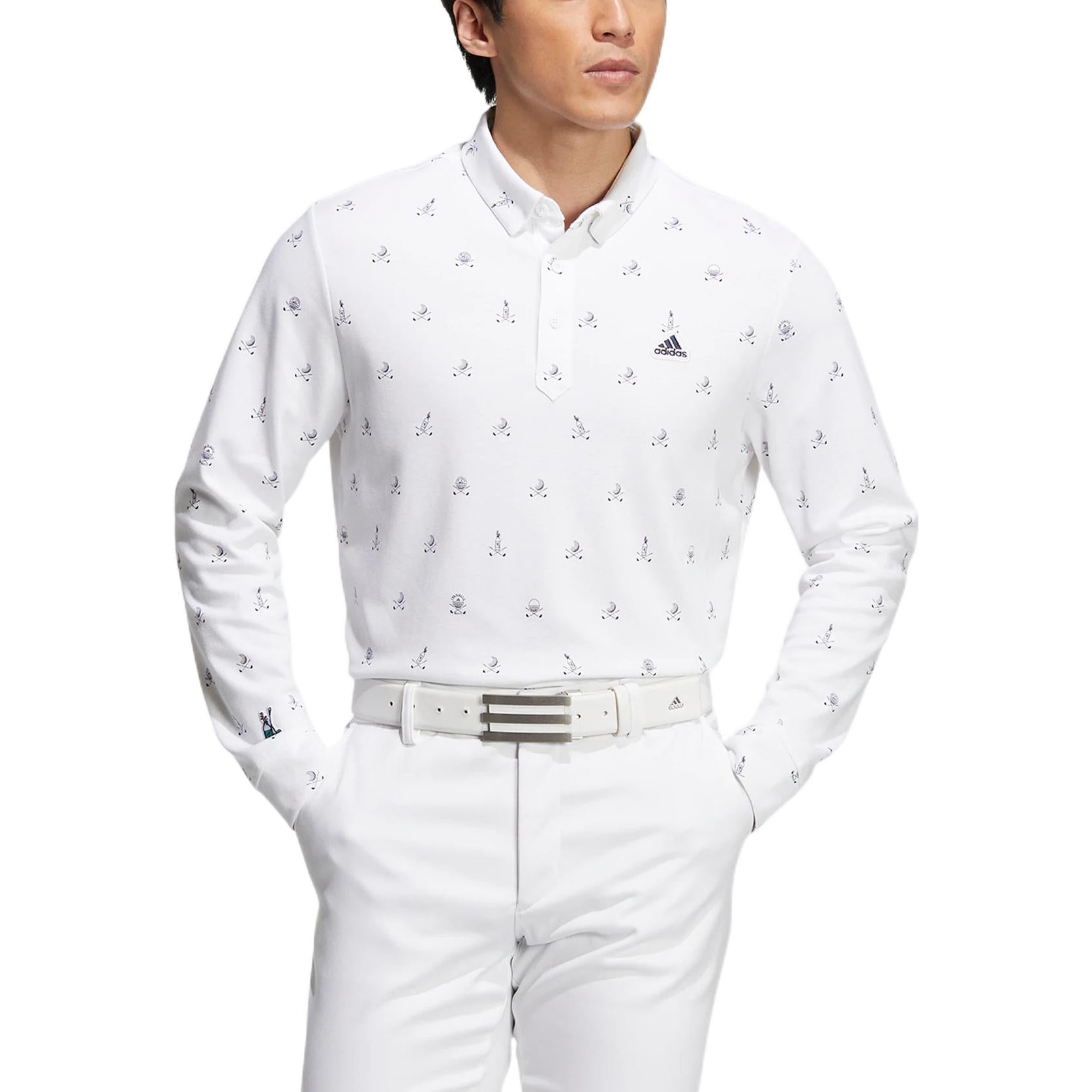 Men's adidas Pg Monogram Ls Pattern Full Print Golf Sports Long Sleeves White Polo Shirt HG5793