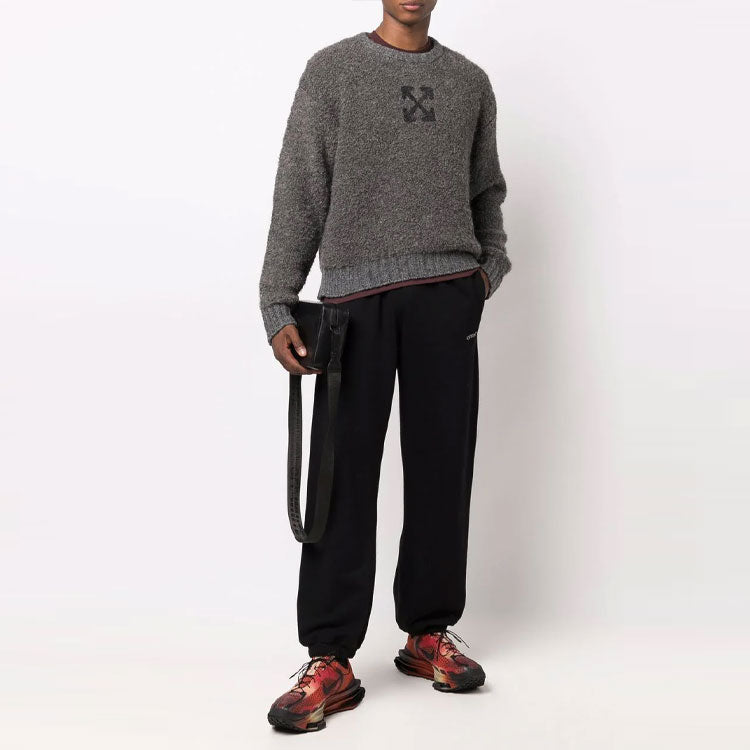 Men's Off-White Arrow Pattern Logo Jacquard Solid Color Wool Sweater Gray OMHE103F21KNI0010909